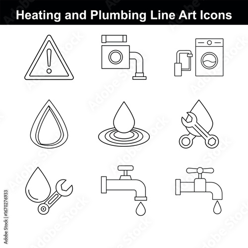 Heating and Plumbing Line Art Icons Illustration with Washing Machine Water Drop Faucet and Warning Sign Simple Black and White Design