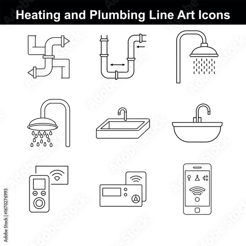 Heating and Plumbing Line Art Icons Set Featuring Pipes Showers Sinks and Smart Home Technology Devices in a Minimalist Style