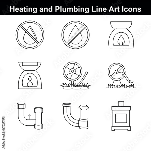 Collection of Heating and Plumbing Line Art Icons for Design and Illustration Projects Vector Set