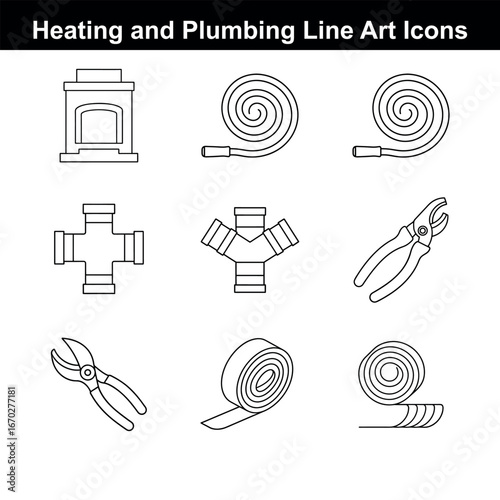 Heating and Plumbing Line Art Icons Collection of Essential Equipment and Fittings for Home Repair and Maintenance