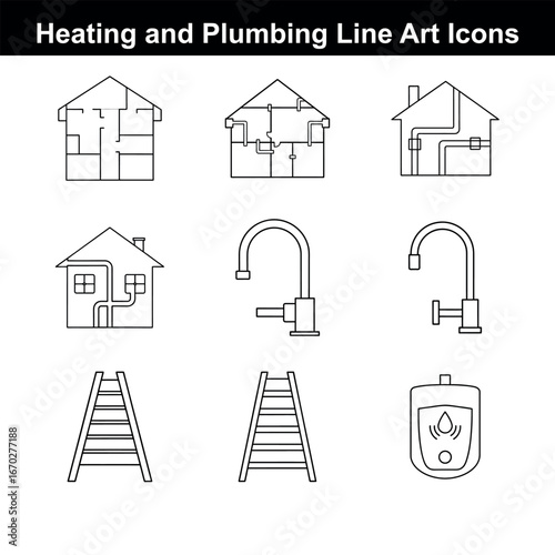 Heating and Plumbing Line Art Icon Set including house plans pipes faucets and a water heater for home repair and maintenance