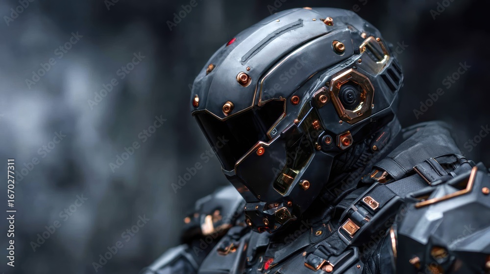 Fototapeta premium A close-up view of a futuristic soldier's helmet showcases intricate details and technological elements that reflect strength, innovation, and the mysteries of combat warfare.
