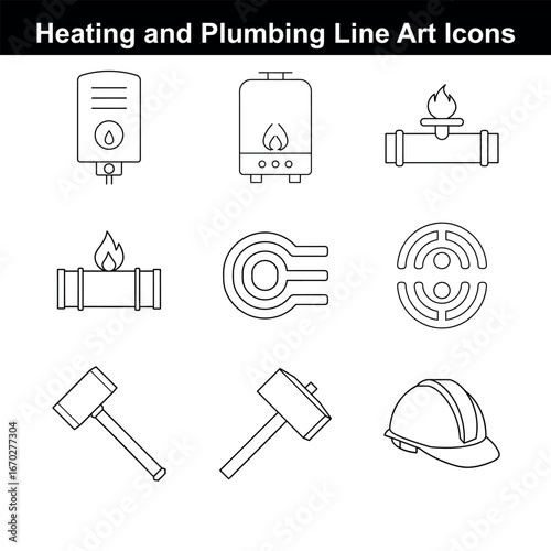 Heating and Plumbing Line Art Icons for Website and Graphic Design Depicting Essential Services and Tools with Modern and Minimalist Aesthetic