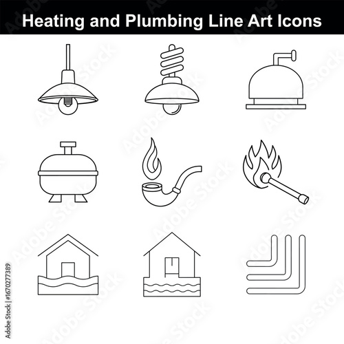 Heating and Plumbing Line Art Icons Set in Black and White Perfect for Web Design and Print Media Projects