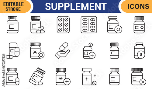 Outline supplement icons showing pharmaceutical packaging and nutrition pills