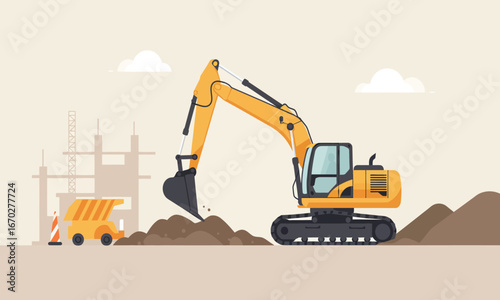Flat Hydraulic Construction Excavator Illustration Powerful Machinery for Modern Building Projects