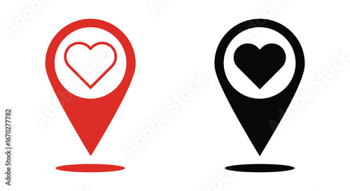 Red and Black Location Pin Icons with Heart Symbols for Love
