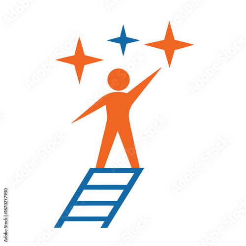 Orange figure on blue ladder reaching for orange and blue stars achievement ambition 1