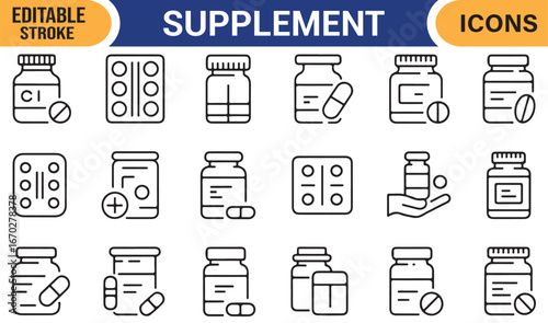 Vector illustration of supplement bottles, pills, and capsule icons set