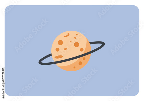 A simple, stylized illustration of a ringed planet with craters against a light blue background.