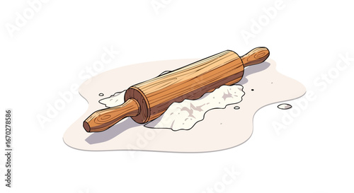 A wooden rolling pin rests on a pile of white flour, suggesting baking or cooking activities.