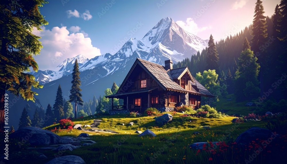 Fototapeta premium The cabin stands as a testament to nature's beauty.