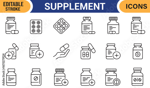 Collection of editable outline icons of pills, vitamins, capsules, and bottles