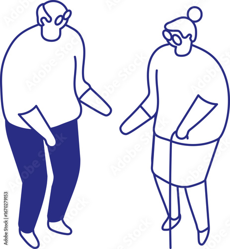 Line Art of Elderly Couple with Walking Cane isometric chararcter isolated on white background