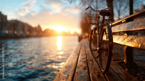 A serene image of a bicycle resting on a wooden path by a river at sunset, capturing the tranquility and beauty of evening strolls and adventures.