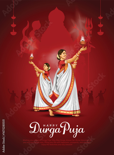 illustration of lady performing dhunuchi dance in Happy Durga Puja Subh Navratri Indian religious background design.