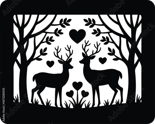 Romantic deer silhouette design with heart accents