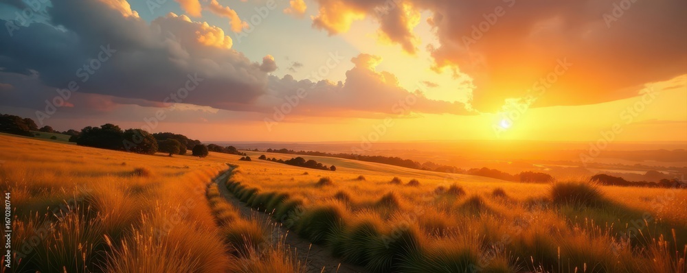 Fototapeta premium Golden sunrise paints vast grassland, majestic horizon , expansive, element
