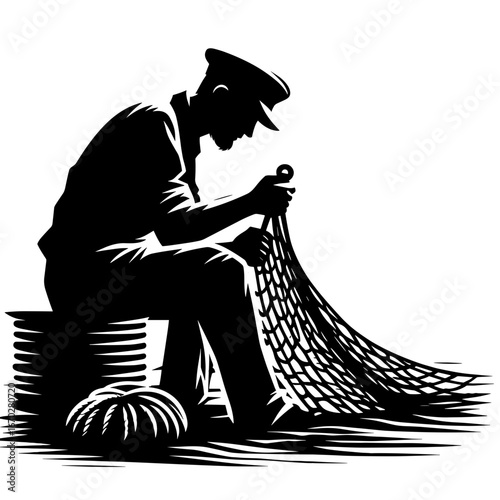 Fisherman mending net against transparent background