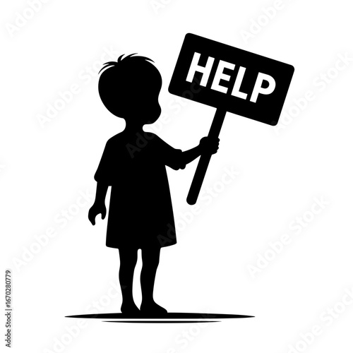 Silhouette of child holding help sign against transparent background