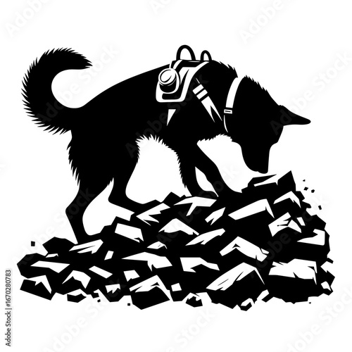 Search dog sniffing rubble for rescue