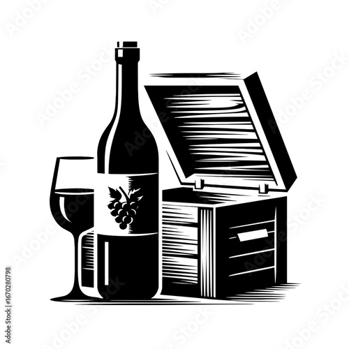 Wine bottle and glass illustration in black and white for dining