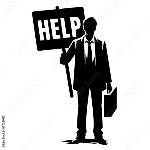 Silhouette of businessman holding "HELP" sign against transparent background
