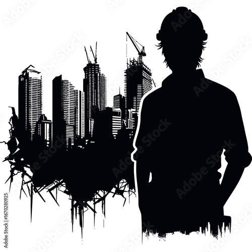 Silhouette of person standing against urban skyline