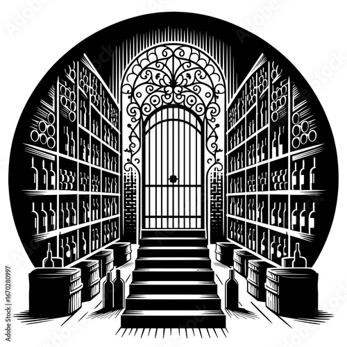 Black and white wine cellar with decorative gate