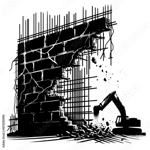 Black and white illustration of building demolition with excavator