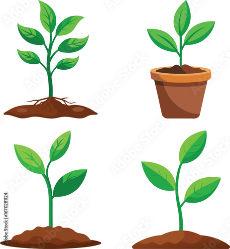 A young green plant with visible roots growing in rich soil, symbolizing growth, sustainability, and environmental health, set against a vibrant sky and lush landscape