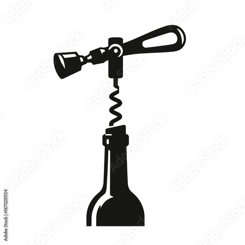 Corkscrew opening bottle in silhouette style in black representing wine