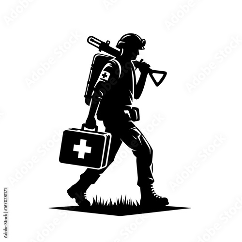 Silhouette medic carrying kit walking on grass