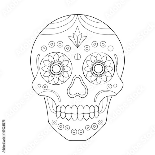 Intricate sugar skull outline with floral eye details