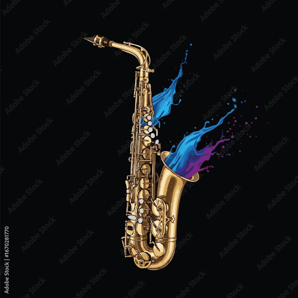Obraz premium Isolated need kinds of Gold Saxophone with Blue and Purple Color Splash on Black Background vector whit background.