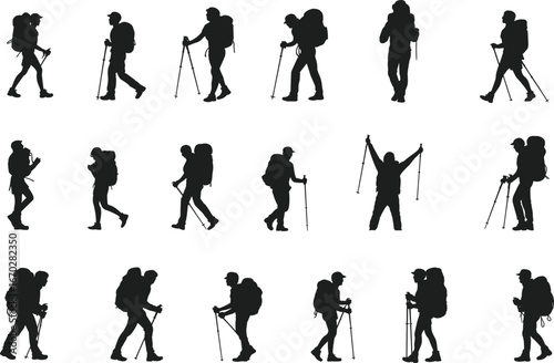 Silhouette hikers collection, black trekking vector, mountain climber illustrations, hiking poses set, outdoor adventure clipart, backpacking icons, trail walker silhouettes