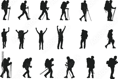 Silhouette hikers collection, black trekking vector, mountain climber illustrations, hiking poses set, outdoor adventure clipart, backpacking icons, trail walker silhouettes