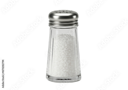 Isolated clear salt shaker filled with crystalline granules for kitchen table condiment