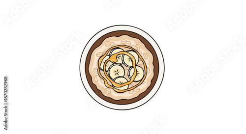 A top-down view of a bowl of oatmeal topped with sliced bananas and a drizzle of honey.