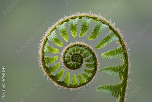 Beautiful unfurling fern frond showcasing a perfect Fibonacci spiral in nature's delicate design