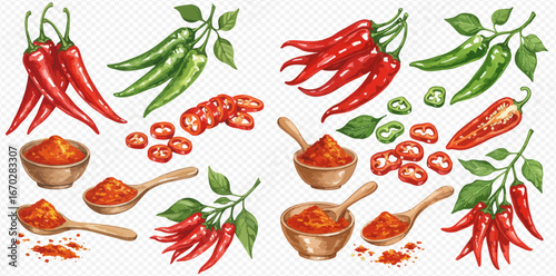 Watercolor illustration featuring red and green chili peppers, slices, powder in bowls and spoons, with leaves.