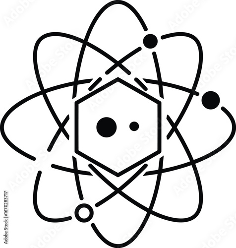 Vector illustration of an atomic structure with hexagon core, orbiting electrons, science theme, ideal for educational, chemistry, physics, and technology design content.