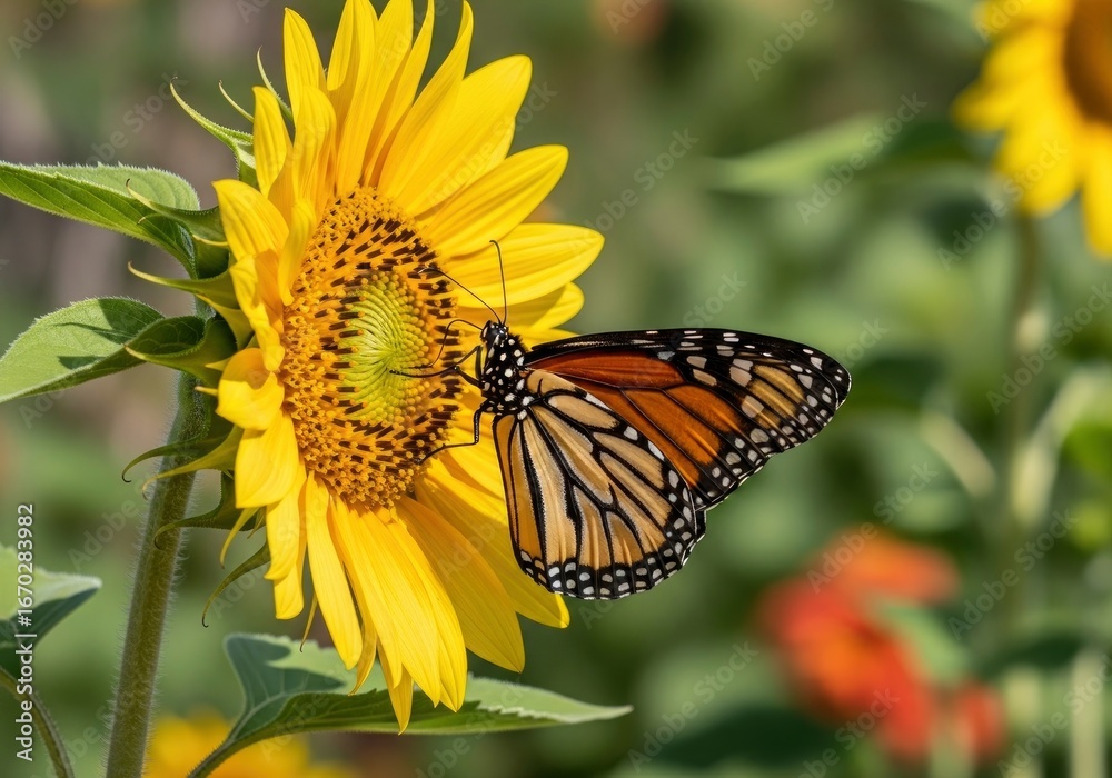 Naklejka premium Monarch butterfly sips nectar from a vibrant yellow sunflower in natural light