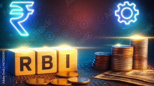 Indian Rupee, RBI blocks, and gears with stacked coins, symbolizing currency, financial regulation, and economic management in India.