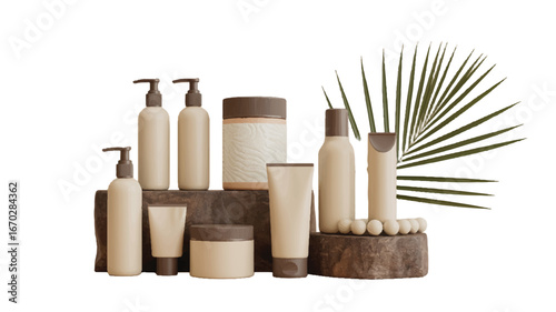 Elegant Beauty and Skincare Product Presentation on Stone Platform with Tropical Palm Leaf Decoration on White Backdrop
