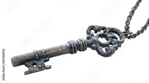 Snow-covered antique bronze key necklace on frosty ground