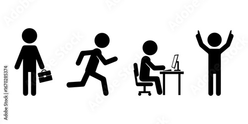 Business stickman icons showing office activities and work life scenes. Includes walking with briefcase, running, working at computer desk, and celebrating success in black silhouette vector style.