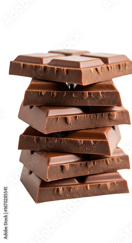 Stack of milk chocolate pieces isolated on transparent background