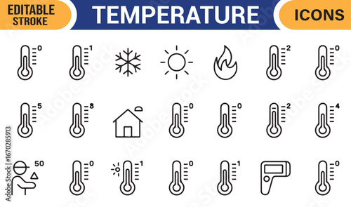Editable line icons of thermometers and temperature symbols for climate, health, and weather concepts