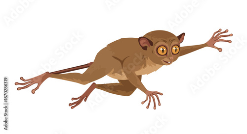A cartoon illustration of a tarsier primate with large eyes, leaping forward with its limbs outstretched.